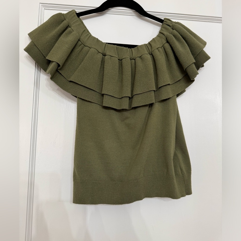 Jcrew olive green ruffle off the shoulder sweater size small